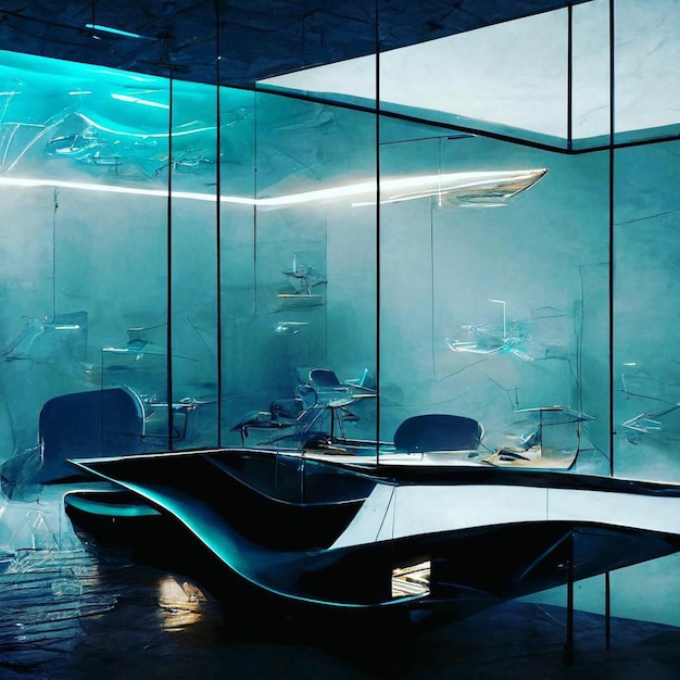 A glass wall with a boat and a chair in it