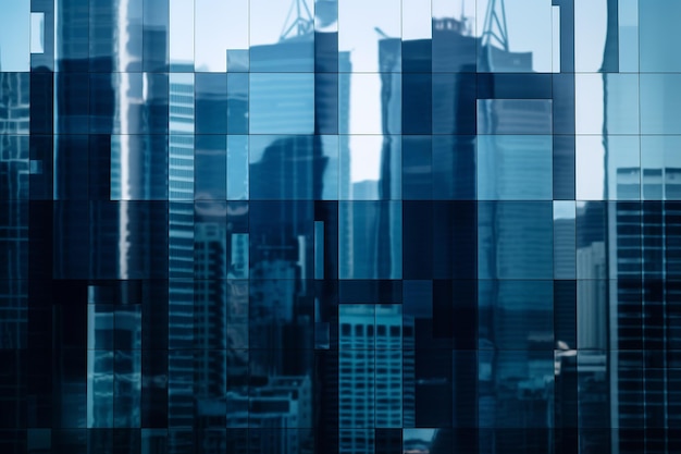 A glass wall with a cityscape in the background