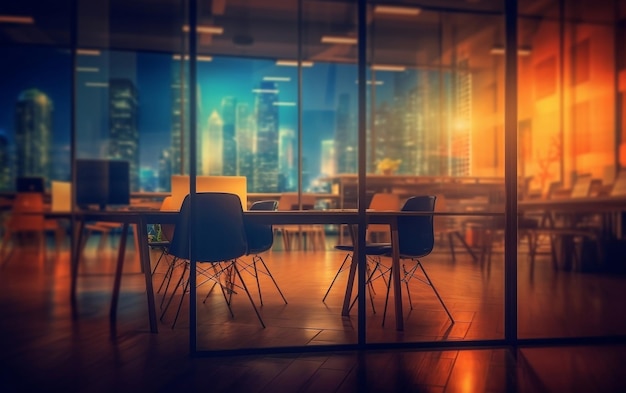 A glass wall with a view of a city at night.