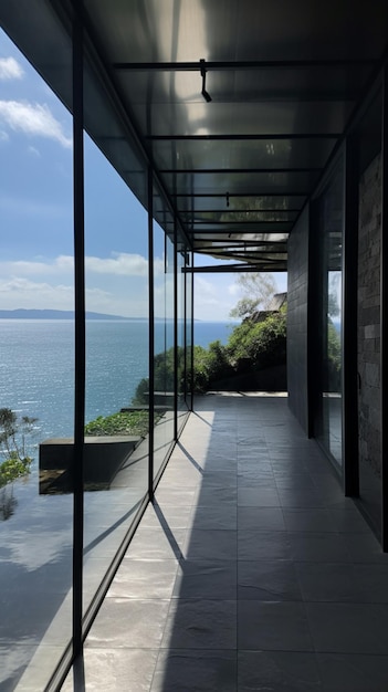 A glass wall with a view of the ocean and the sea.