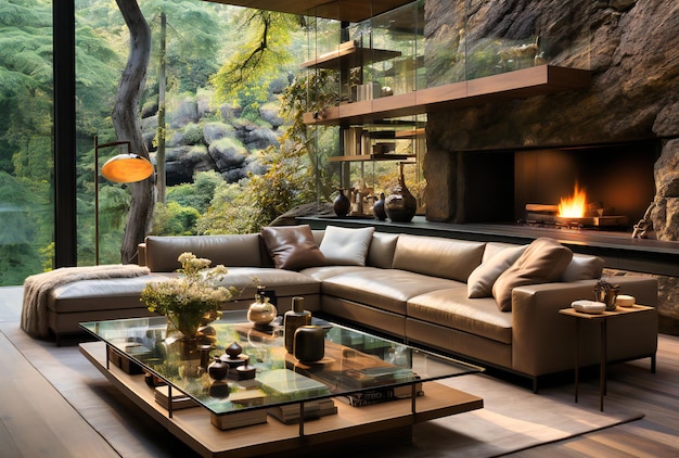 the glass walls open out onto a modern living room