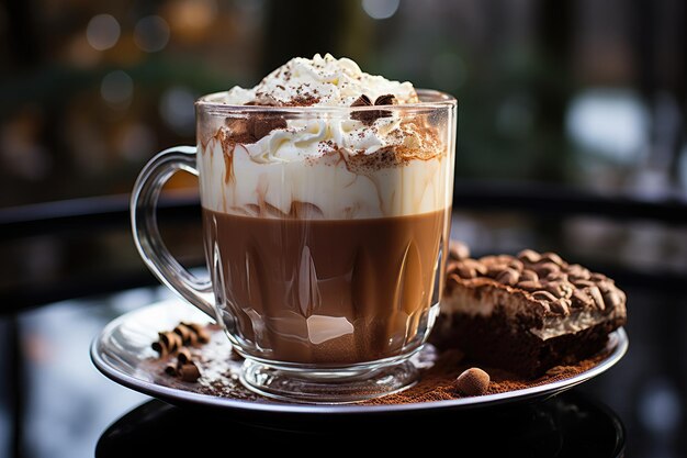 冬の広告食品写真の温かいチョコレートのグラス