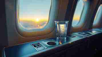 Photo glass of water on airplane seat