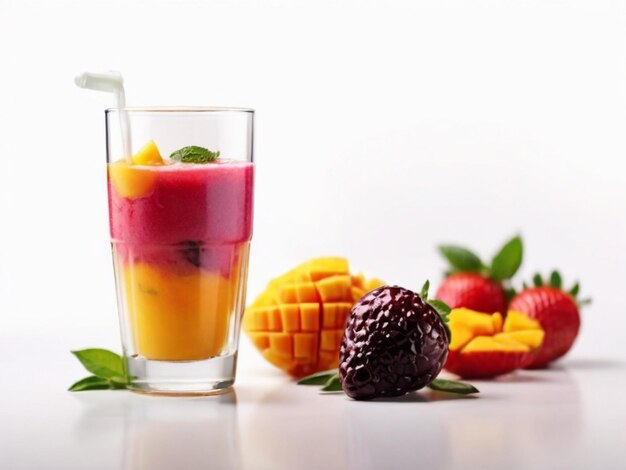 a glass of water next to a bunch of fruit on a table