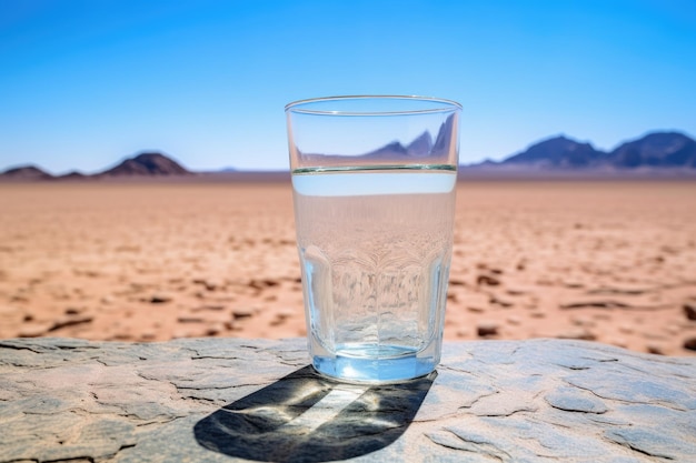 Glass of water in desert with miragelike effect in the distance