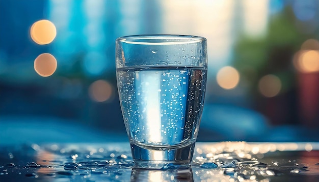 Glass of water and drops on table Refreshing mineral drink Blue tones Blurred bokeh