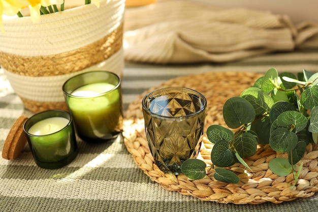 Glass of water and eucalyptus branch good morning concept