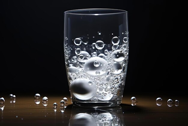 a glass of water filled with balls in the style of dark white and light silver