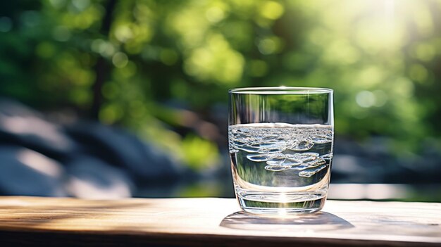 glass of water and fresh green leaves on wooden table outdoors