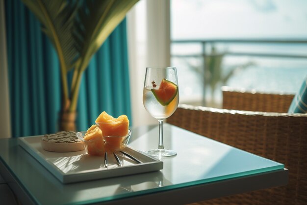 a glass of water and fruit on a table with a tray of fruit and a glass of water.