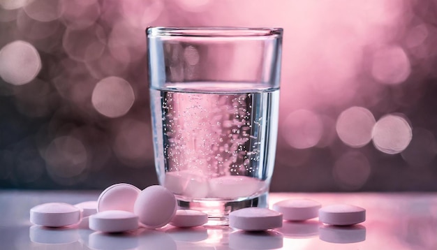 Glass of water and heap of round pills Health care and medicine concept Pink tones