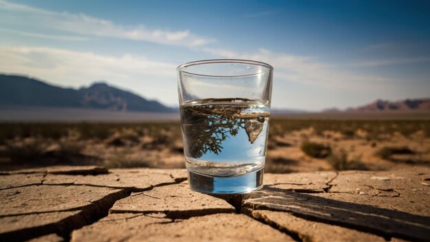 Foto un bicchiere d'acqua tenuto contro la terra cotta dal sole che mostra temi ambientali