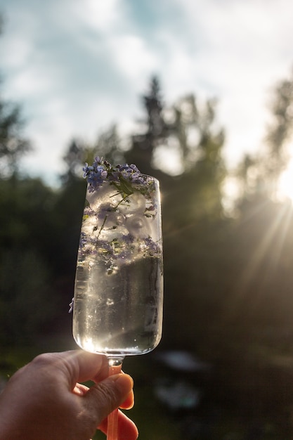 a glass of water and ice cubes with flowers