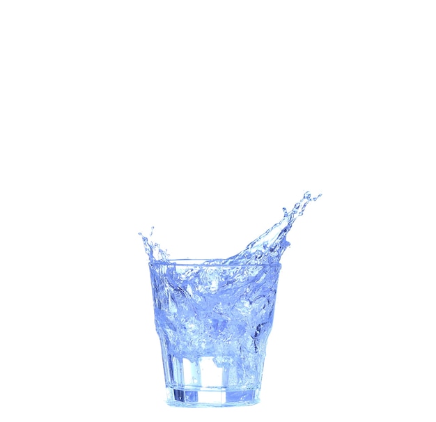 Glass of water, ice and slice of fresh lemon on a white background