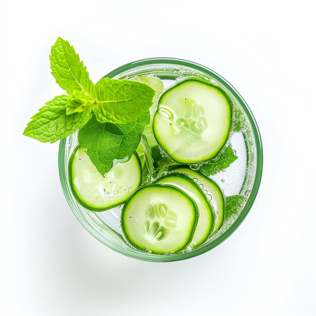 Photo a glass of water infused with cucumber slices and a sprig of mint top view isolated on a transparent