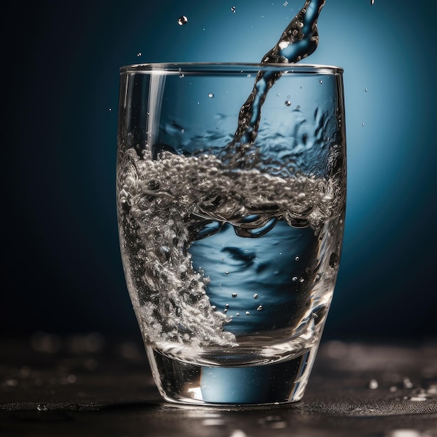 Foto un bicchiere d'acqua viene versato su uno sfondo blu.