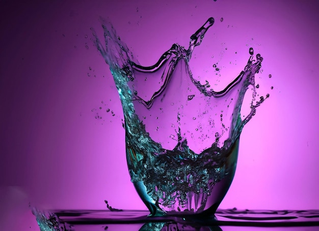 A glass of water is being poured into a purple background