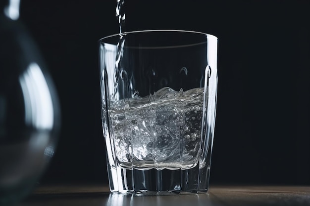 A glass of water is filled with ice and water.