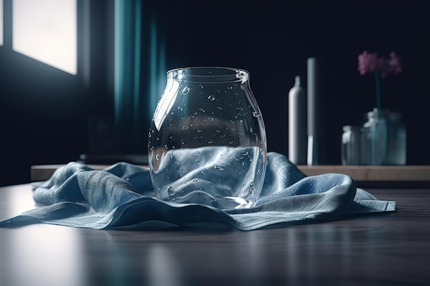 水の入ったグラスが青い布のかかったテーブルの上に置かれています。