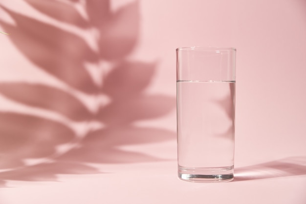 Glass of water and leaf shadow on pink background