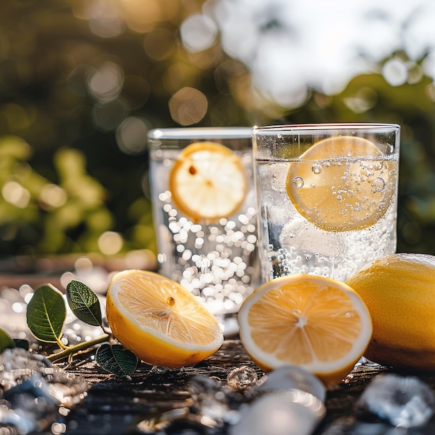 Photo a glass of water and lemons with a lemon wedge on it