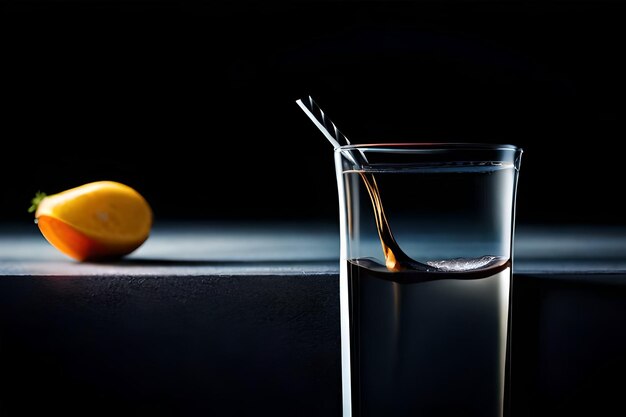 a glass of water and an orange on a table.