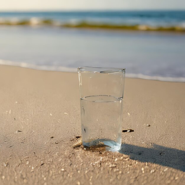 水のグラスが海の前にあるビーチに座っている