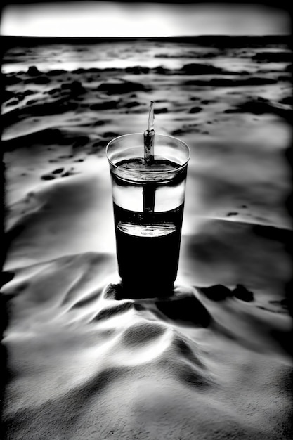 A Glass Of Water Sitting On Top Of A Sandy Beach