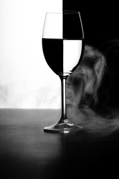 A glass of water and smoke on a black and white background