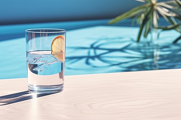 glass of water on table against sunny outside in the style of minimalist imagery flat shading