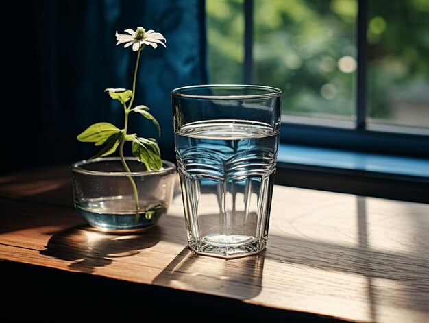 豪華な緑色の自然背景と日光でテーブルの上に水のグラス