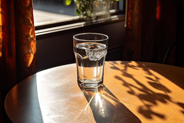 A glass of water on a table with a flower in the background