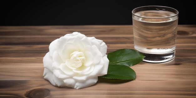 A glass of water and a white rose next to a cup of water and a glass of water.