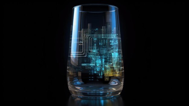 A glass of water with a circuit board on it