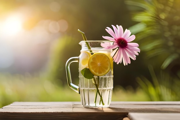 Photo a glass of water with a flower and a flower on it