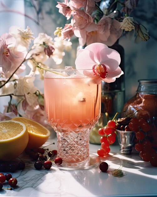 Photo a glass of water with flowers and a lemon wedge on it