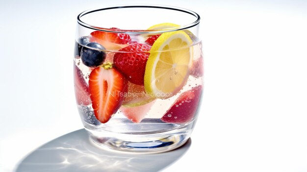 A glass of water with fruit on it