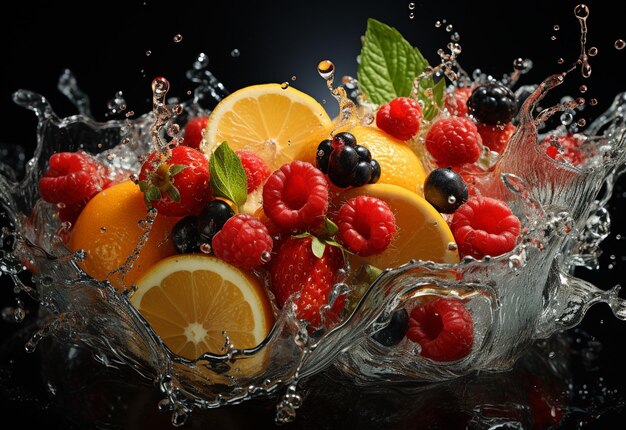 a glass of water with fruits and berries