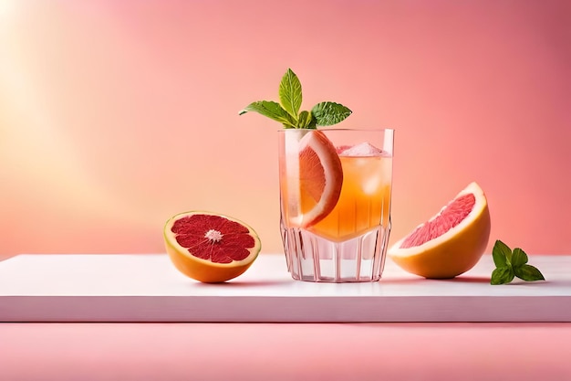 A glass of water with a grapefruit and a grapefruit.