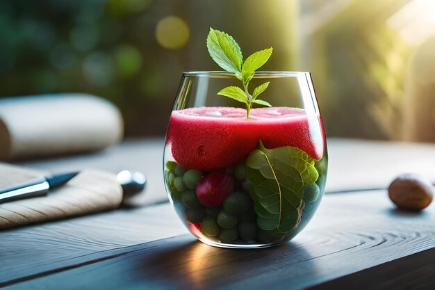 A glass of water with a green leaf on it sits on a table.