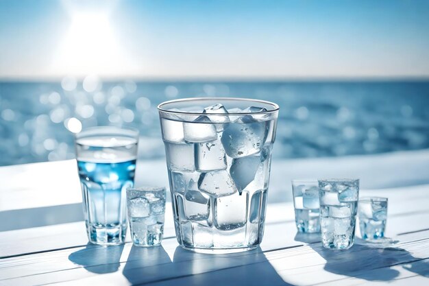 Photo a glass of water with ice cubes and glasses of vodka