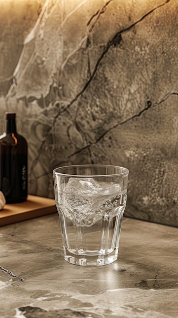 A glass of water with ice cubes in it sits on a counter