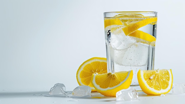 Glass of water with ice cubes and lemon on white backgroundx9