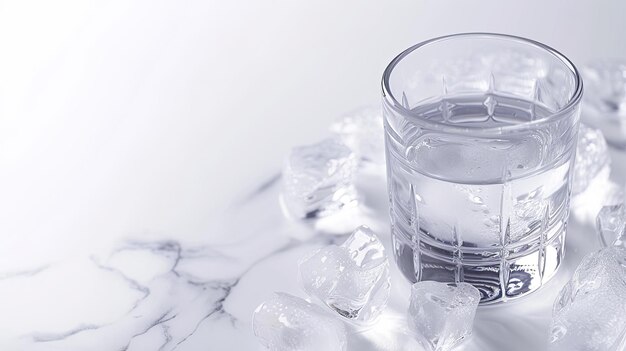 A glass of water with ice cubes on a marble countertop