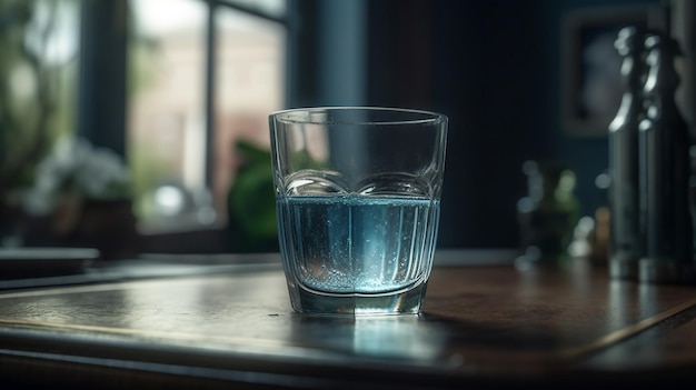 Glass of water with ice cubes on the table in the kitchengenerative ai