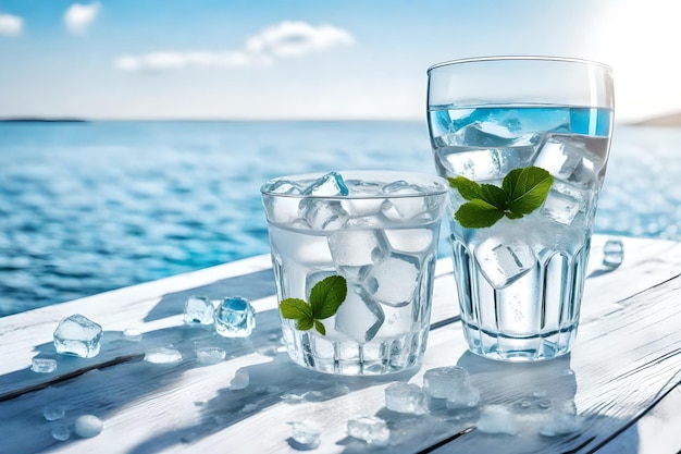 Photo a glass of water with ice and ice cubes on it