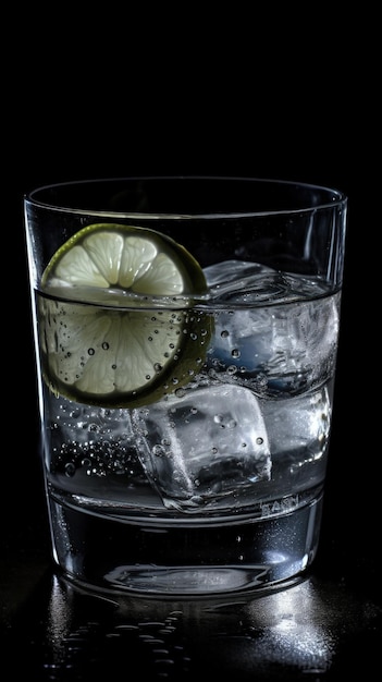 A glass of water with ice and a lemon slice generative AI