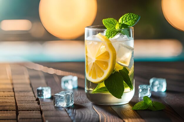 a glass of water with ice and mint leaves