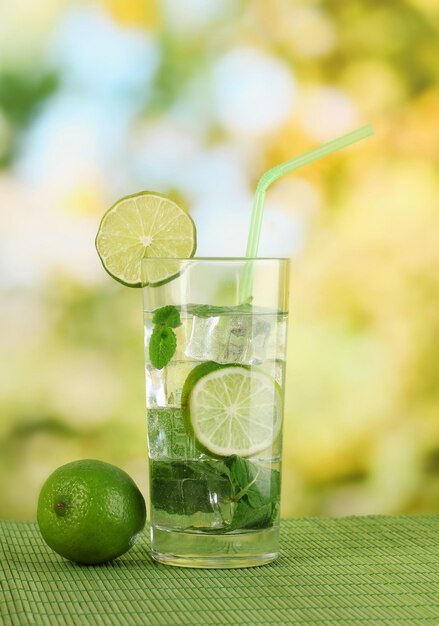 Glass of water with ice mint and lime on table on bright background