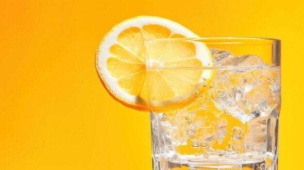 A glass of water with ice and a slice of lemon ai